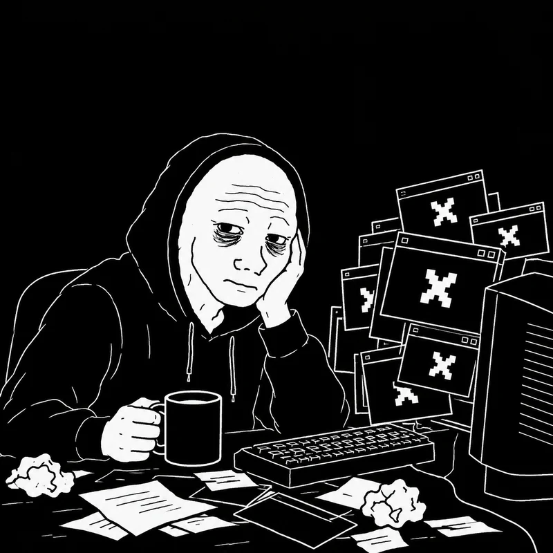 Wojak overwhelmed by a pile of error windows