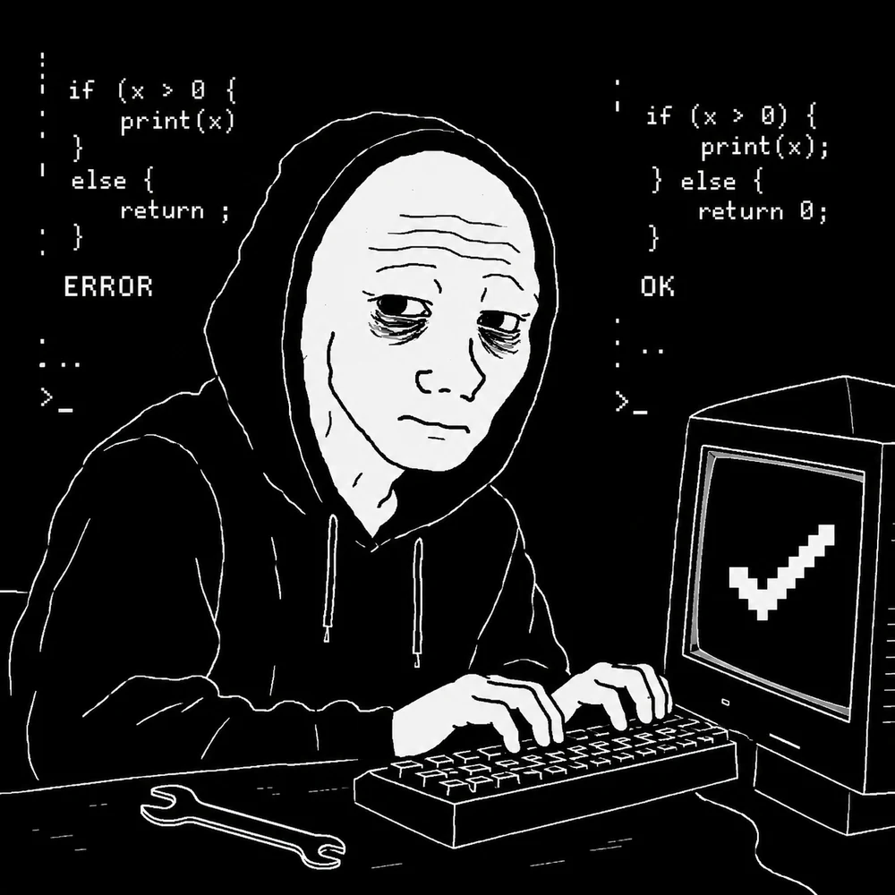 FIXJAK's tired hooded Wojak fixing broken code at a computer